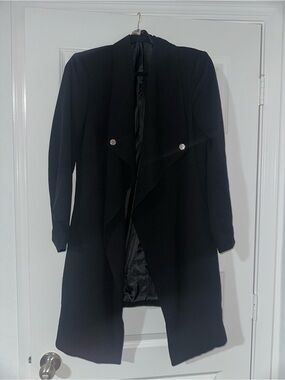 Anne Klein Black Draped Trench Coat with Silver Buttons